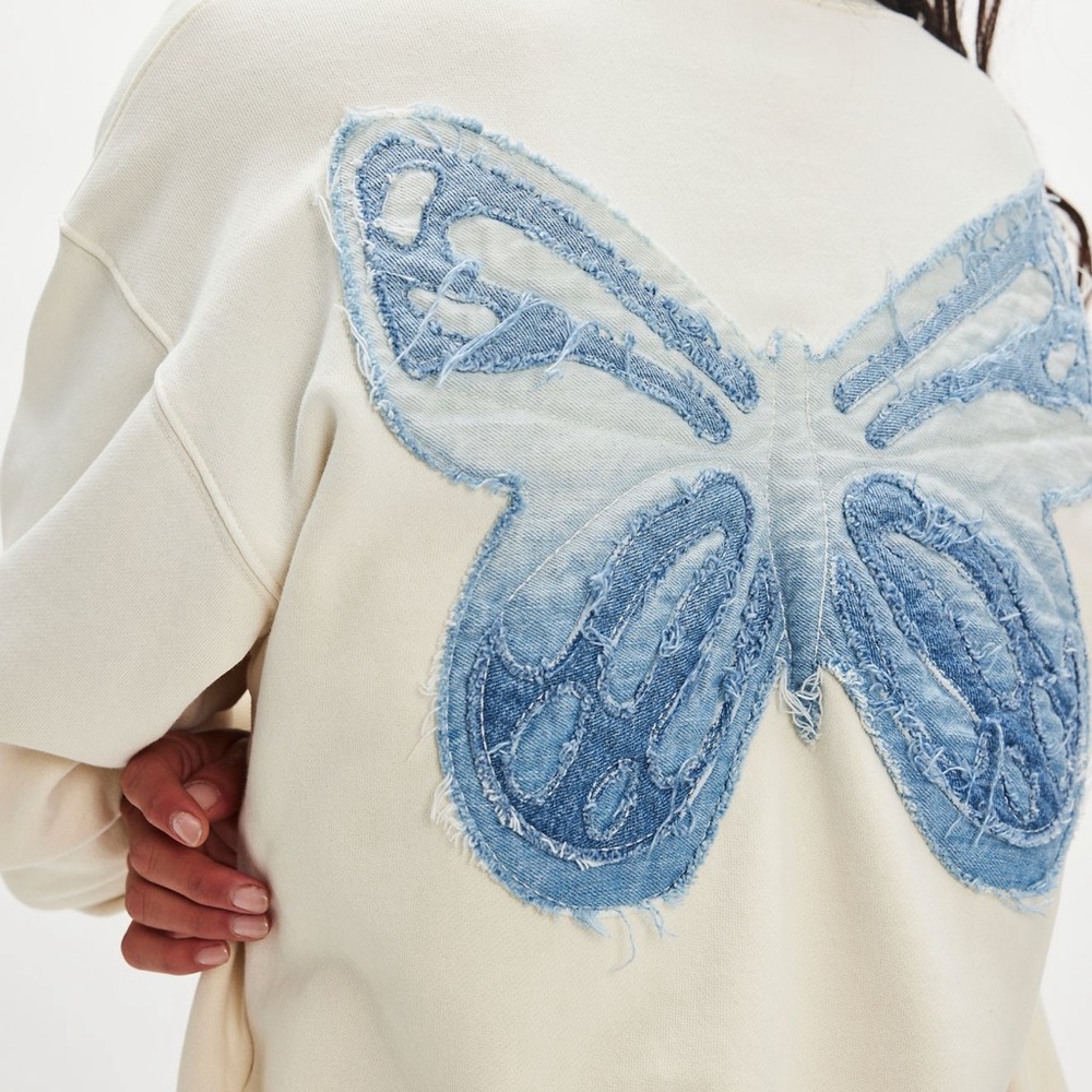 Tricia Fix x Free People Indigo Patchwork Butterfly Crewneck Sweatshirt NWOT - Picture 2 of 8